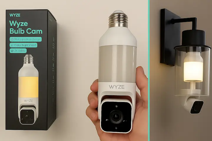 "Wyze Bulb Cam installed in a modern outdoor wall sconce providing security and lighting"