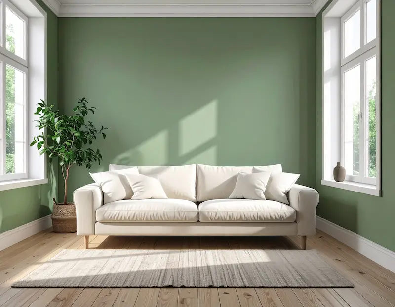 Living room with sage green walls and warm white furnishings