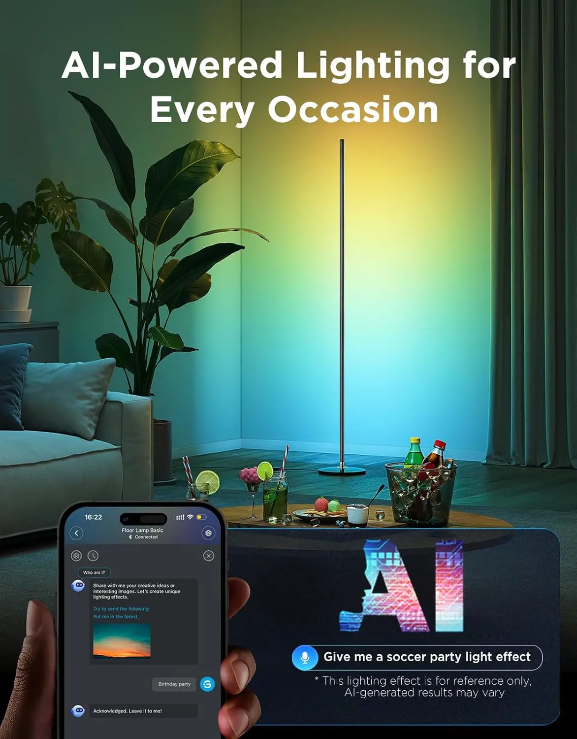AI-powered smart lamp connected to smartphone app showing color and brightness controls