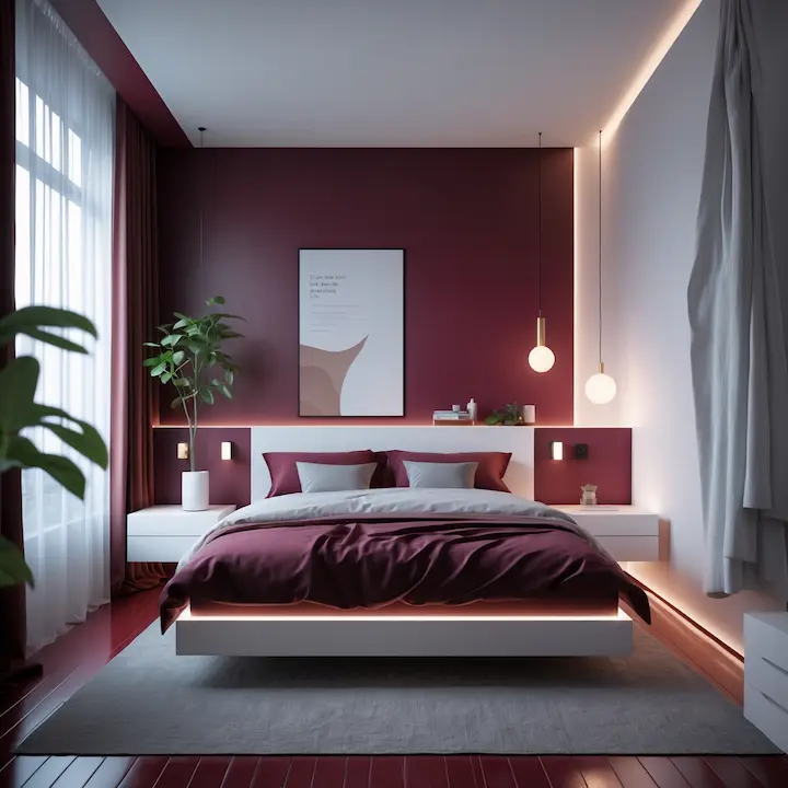 Deep red modern bedroom with ambient lighting and dark wood flooring.