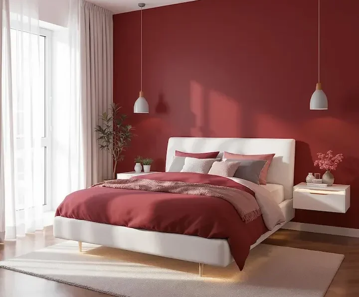 Modern cherry bedroom with matte burgundy walls and minimalist furniture.