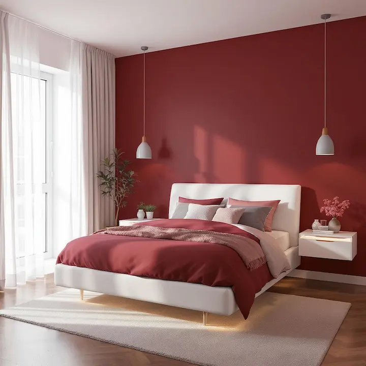 Modern cherry bedroom with matte burgundy walls and minimalist furniture.