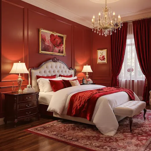 Luxurious cherry-themed bedroom with classic red tones, tufted headboard, and vintage wood furniture.