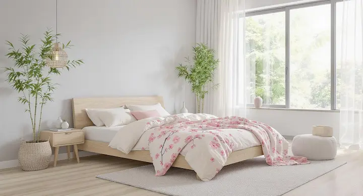 Minimalist Japandi cherry bedroom with pale grey walls, soft lighting, and cherry blossom print bedding.