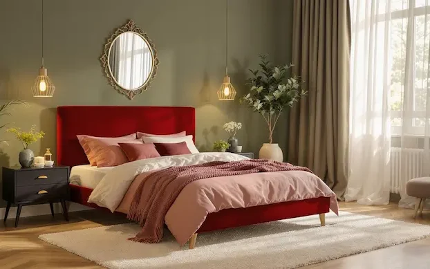 Stylish cherry red bedroom with olive green walls, soft lighting, and warm modern furnishings.