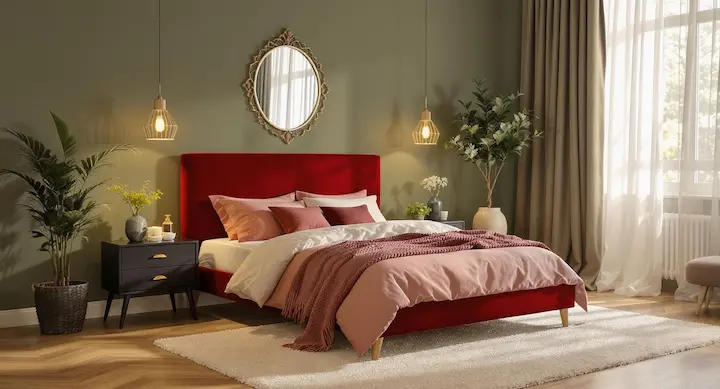Stylish cherry red bedroom with olive green walls, soft lighting, and warm modern furnishings.