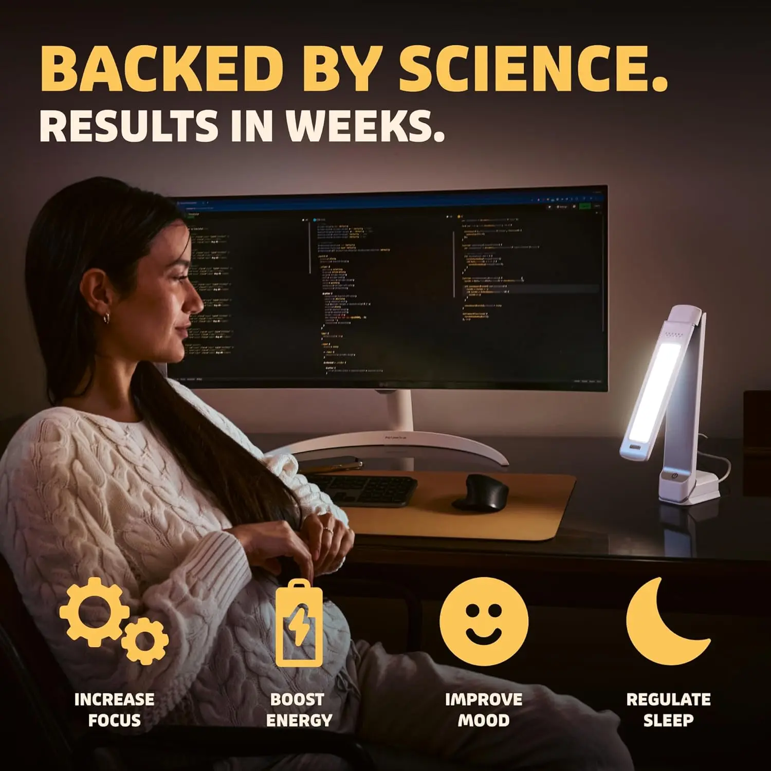 Circadian rhythm lamp shifting from cool white to warm amber light throughout the day