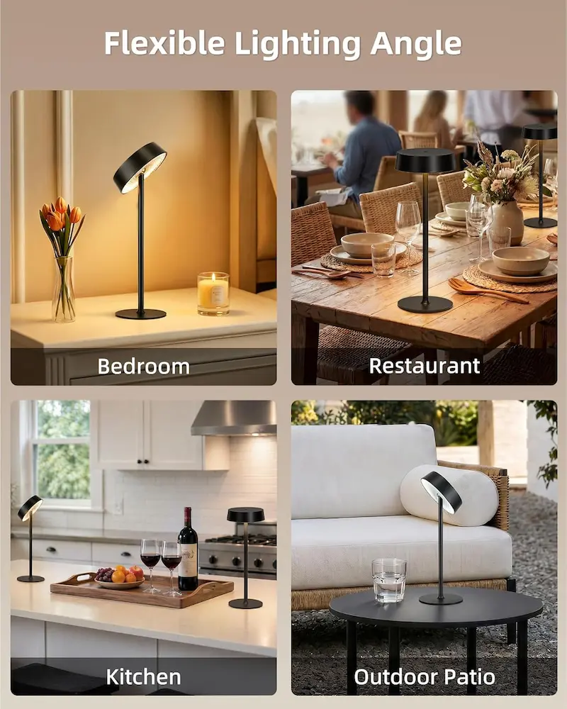 Rechargeable cordless table lamp with touch dimmer placed on outdoor dining table