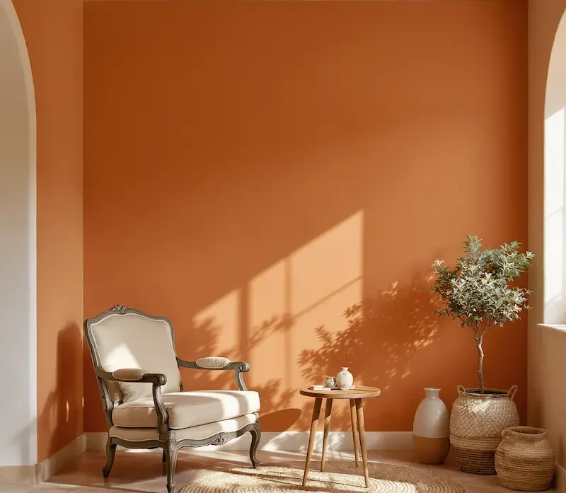 Terracotta and ivory living room with minimal decor