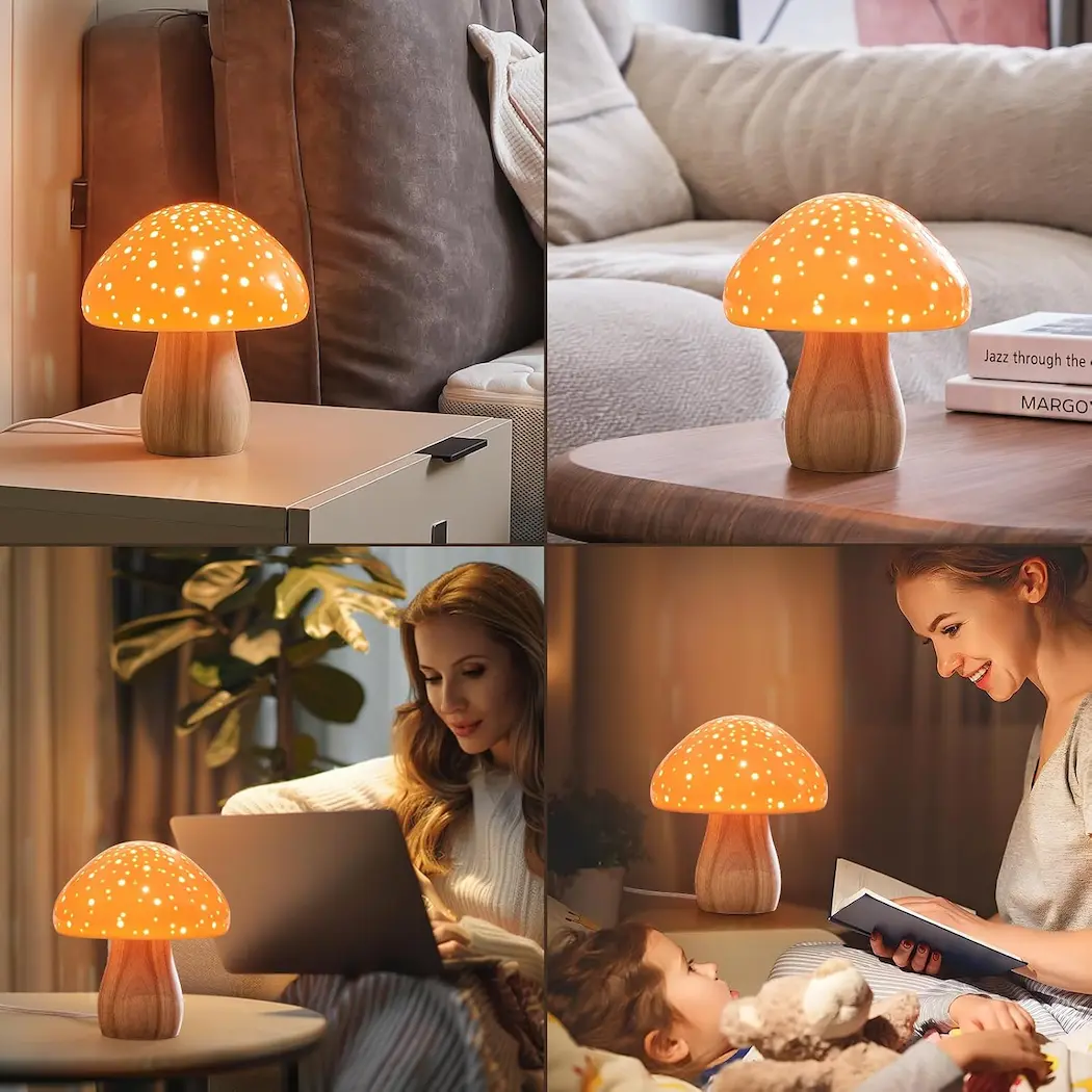 Ceramic mushroom lamp with warm amber glow on wooden surface
