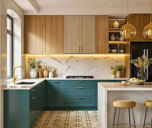 Scandinavian-inspired luxury kitchen with teal base cabinets, natural wood upper cabinets, and patterned ceramic floor tiles