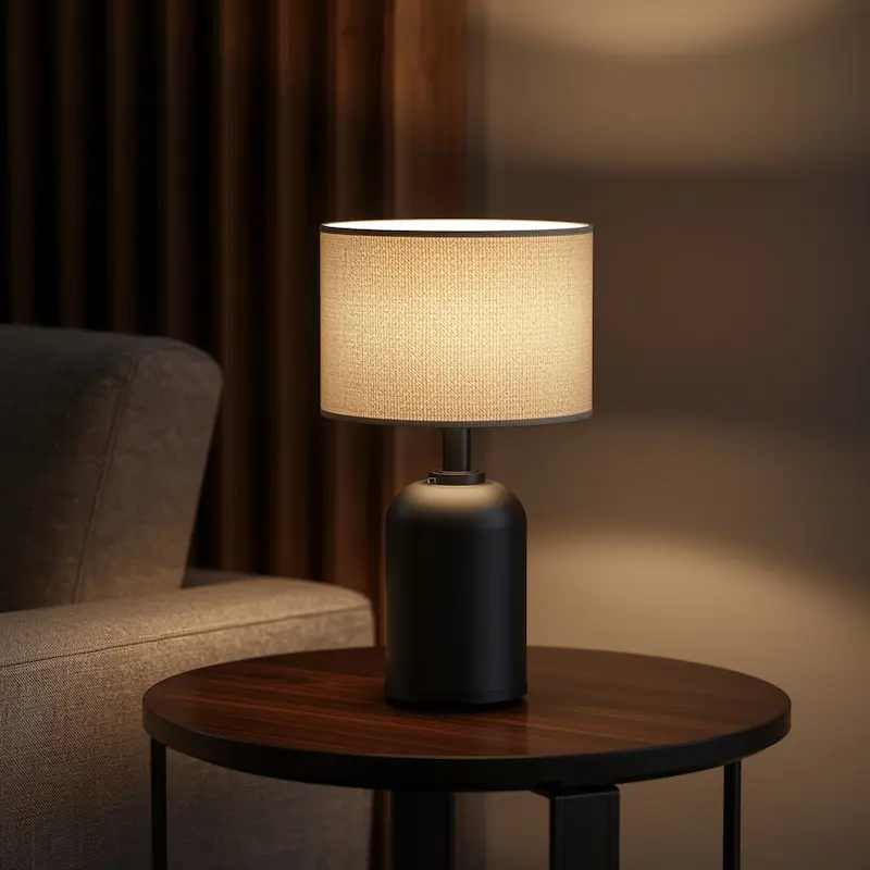 Black modern table cordless lamp with fabric shade on wooden side table