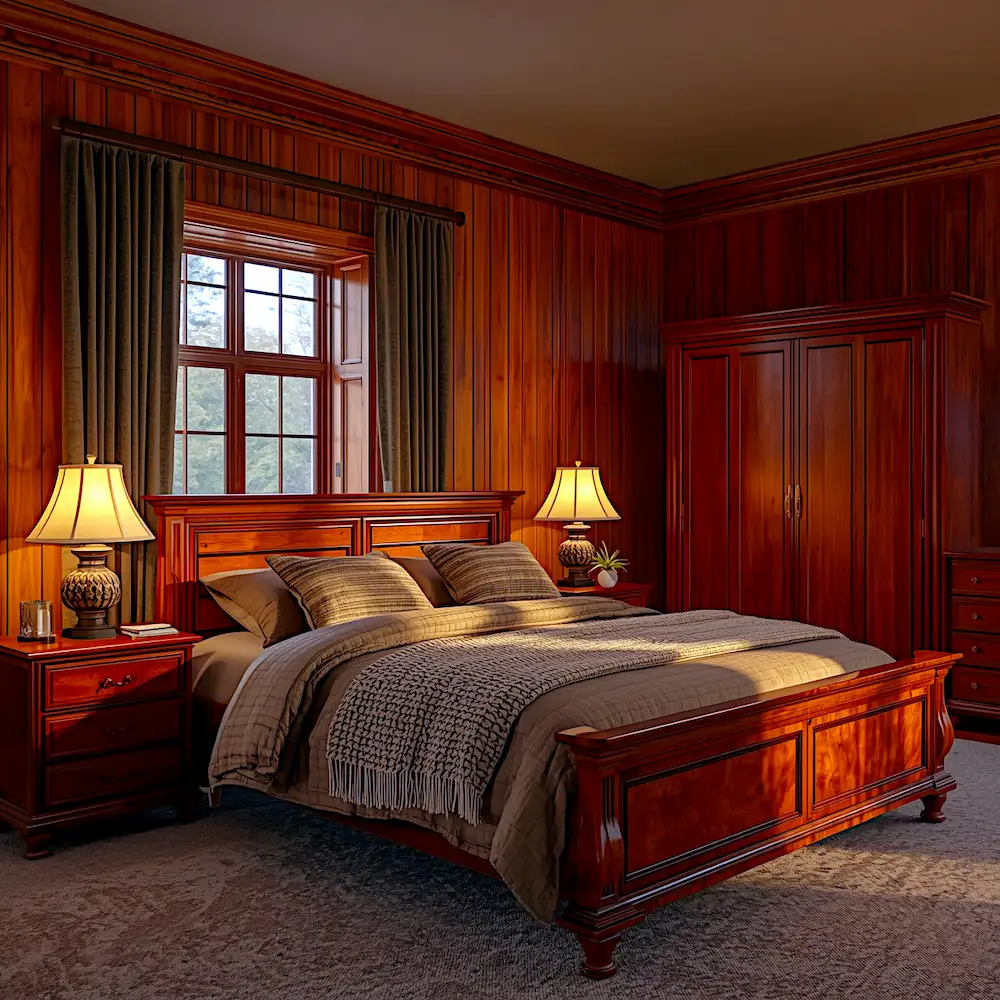 Traditional cherry wood bedroom with rich wooden paneling, carved bed frame, matching nightstands, warm table lamps, and neutral bedding in classic design style 2026