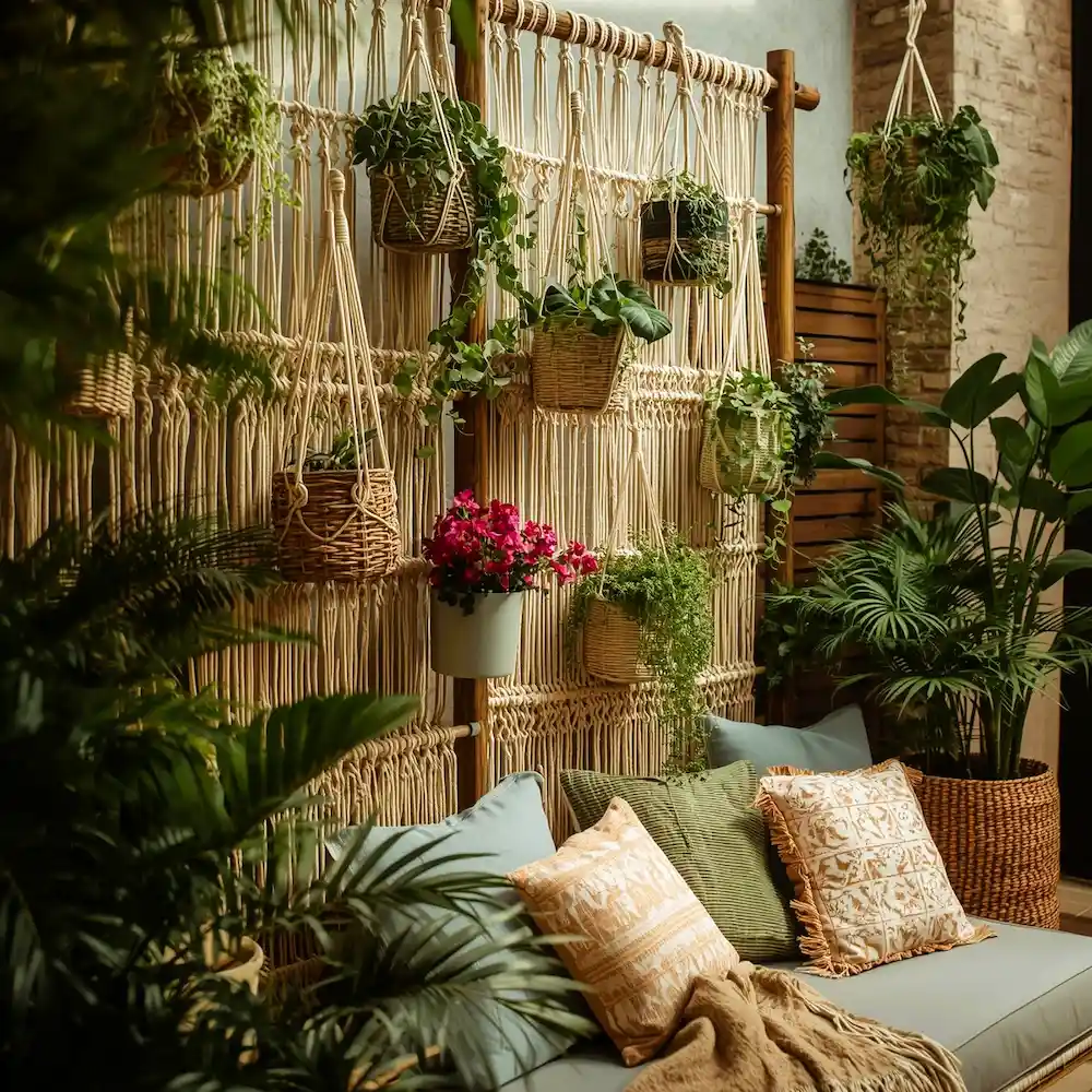 Boho vertical garden wall with macrame hanging planters colorful flowers on small patio