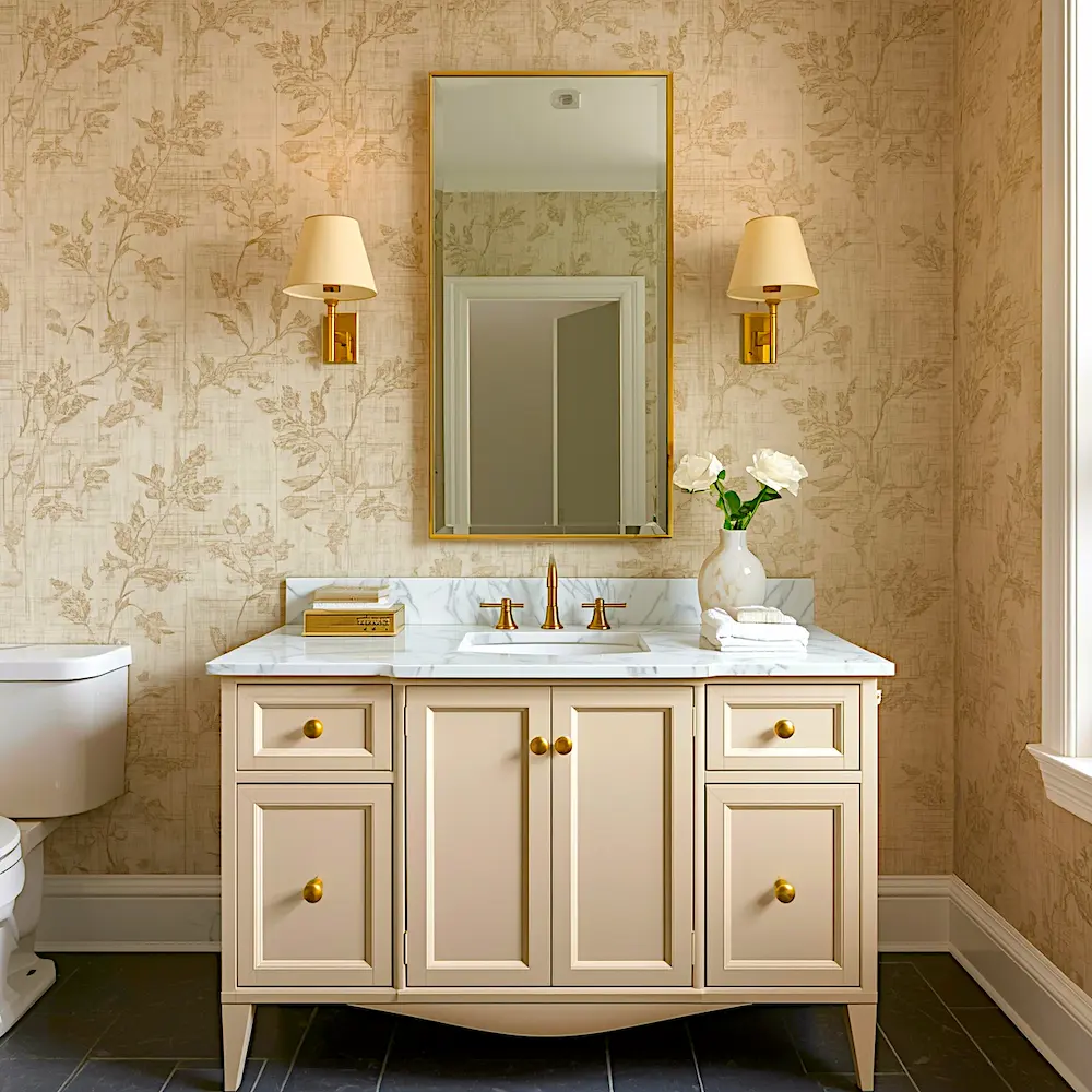 Neutral botanical wallpaper bathroom with elegant white marble vanity