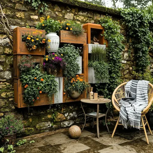 Arched vertical garden with terracotta pots and climbing flowers on rustic stone wall
