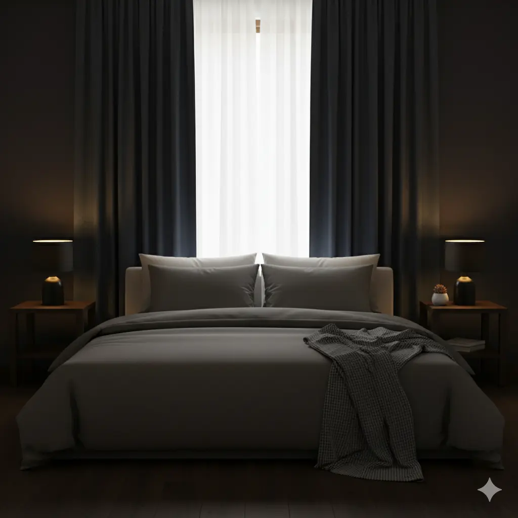 Minimalist bedroom with beige bedding and warm lighting