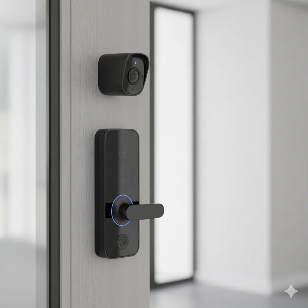 Smart door lock and camera on modern home entrance