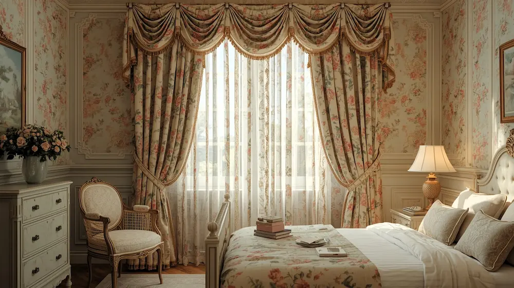 Elegant traditional curtains with valance in a vintage room