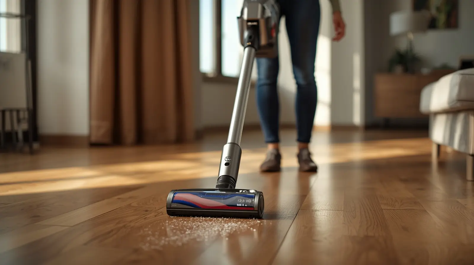 Modern cordless vacuum cleaner on hardwood floor in minimalist apartment interior.