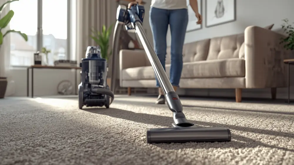 Cylinder vacuum with flexible hose cleaning living room carpet.