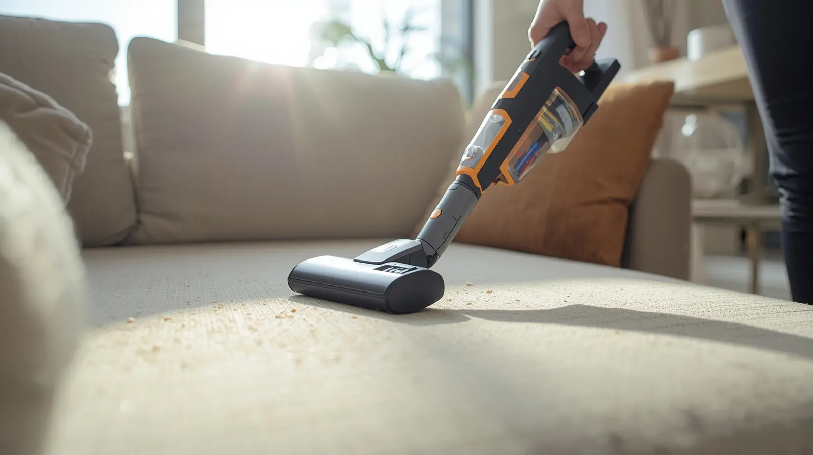 Compact handheld vacuum cleaning sofa cushions.