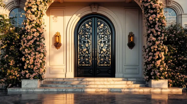 Main entrance of luxury villa with ornate iron door and plants.