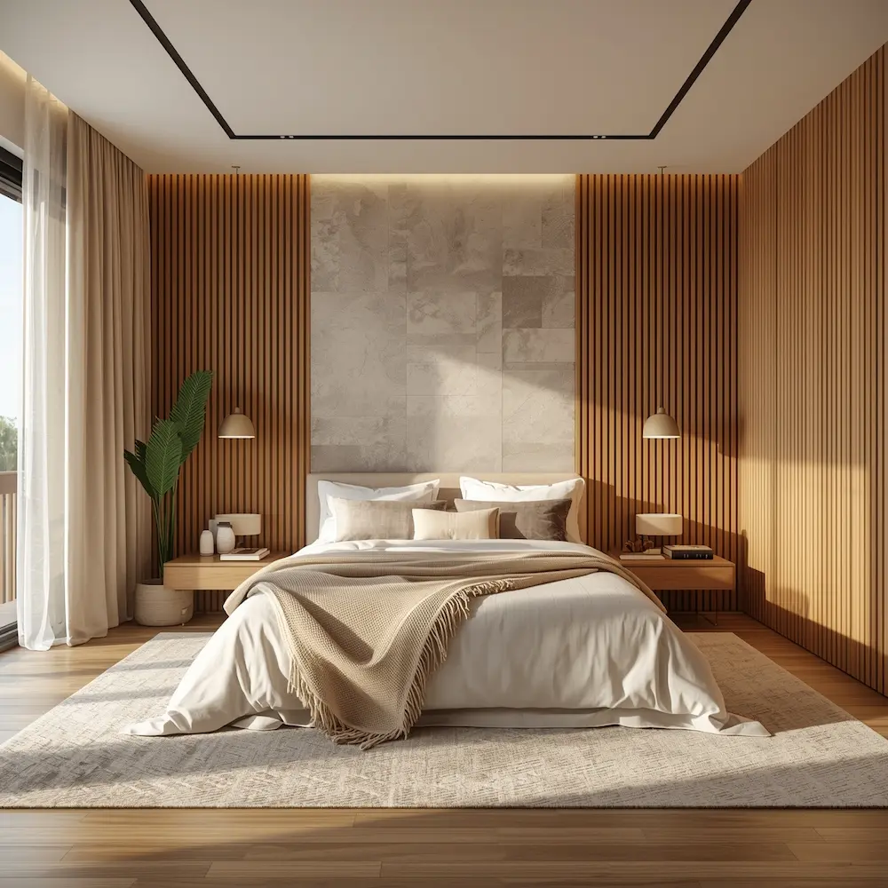 Modern minimalist bedroom with vertical wood slat accent wall neutral bedding and contemporary design