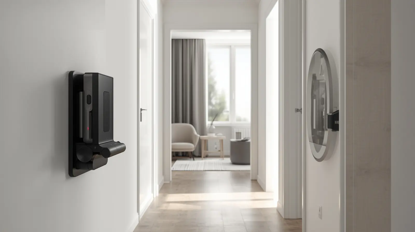 Wall-mounted modular vacuum docked neatly in a minimalist laundry room.
