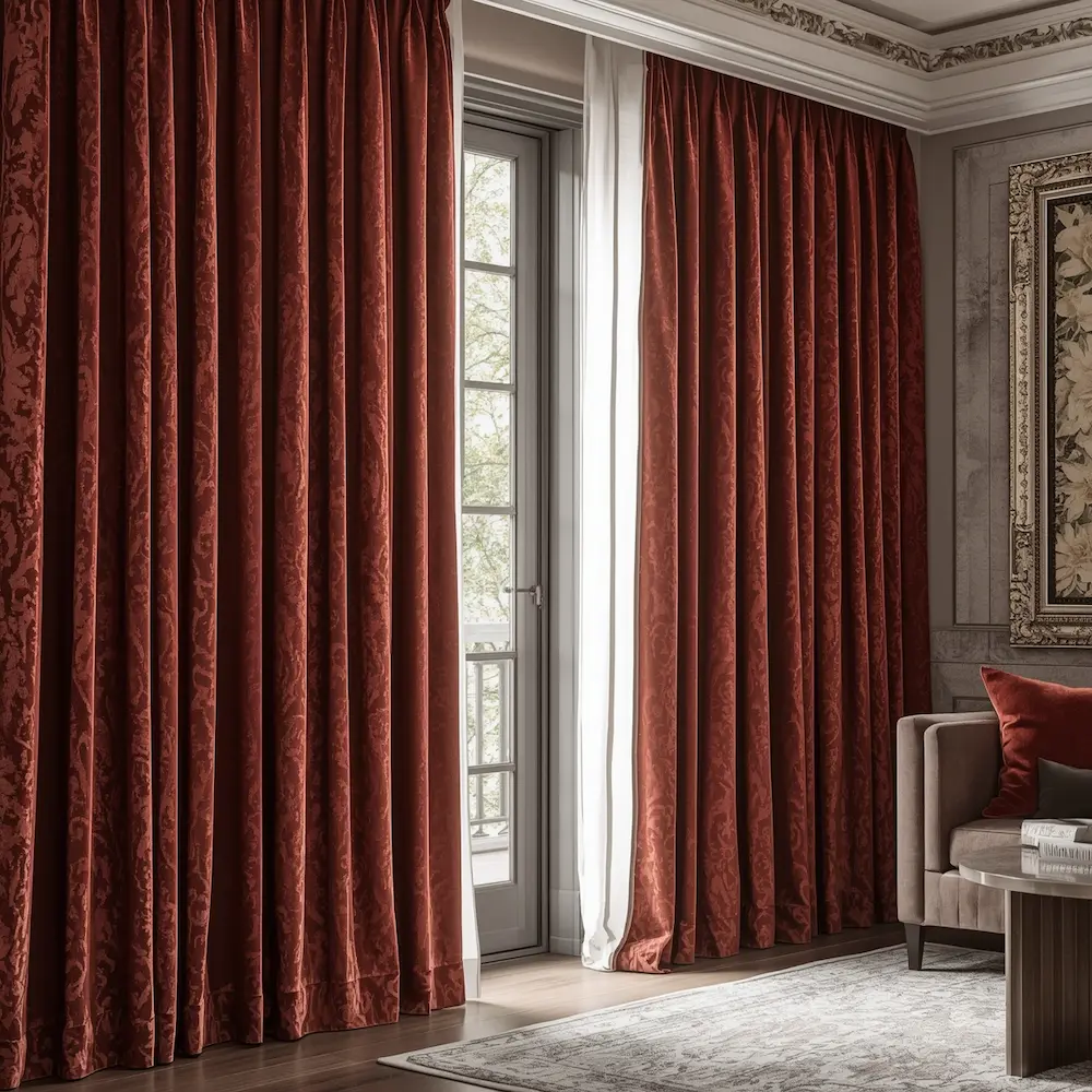 Rust terracotta velvet curtains layered with white sheer in traditional living room