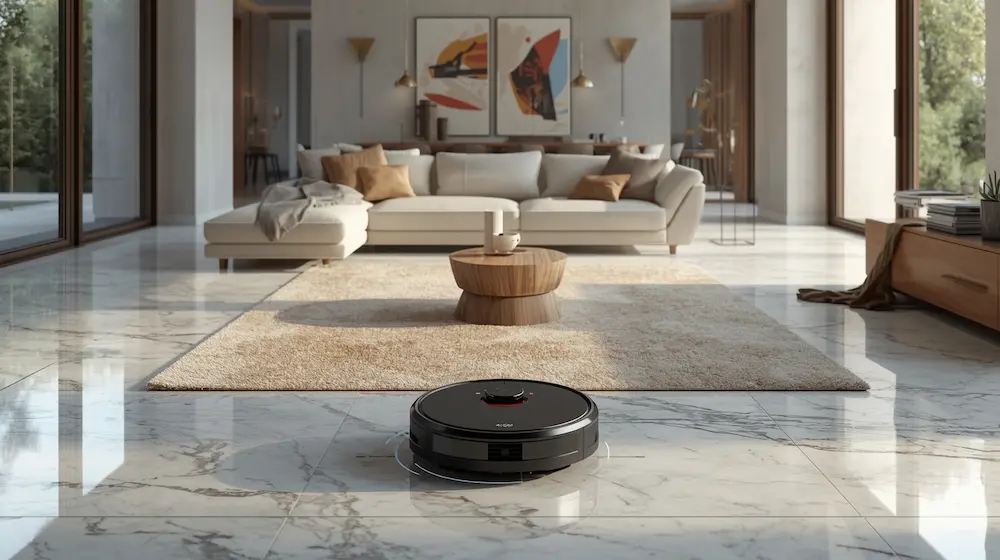 Robot vacuum navigating a contemporary living room with smart sensors.