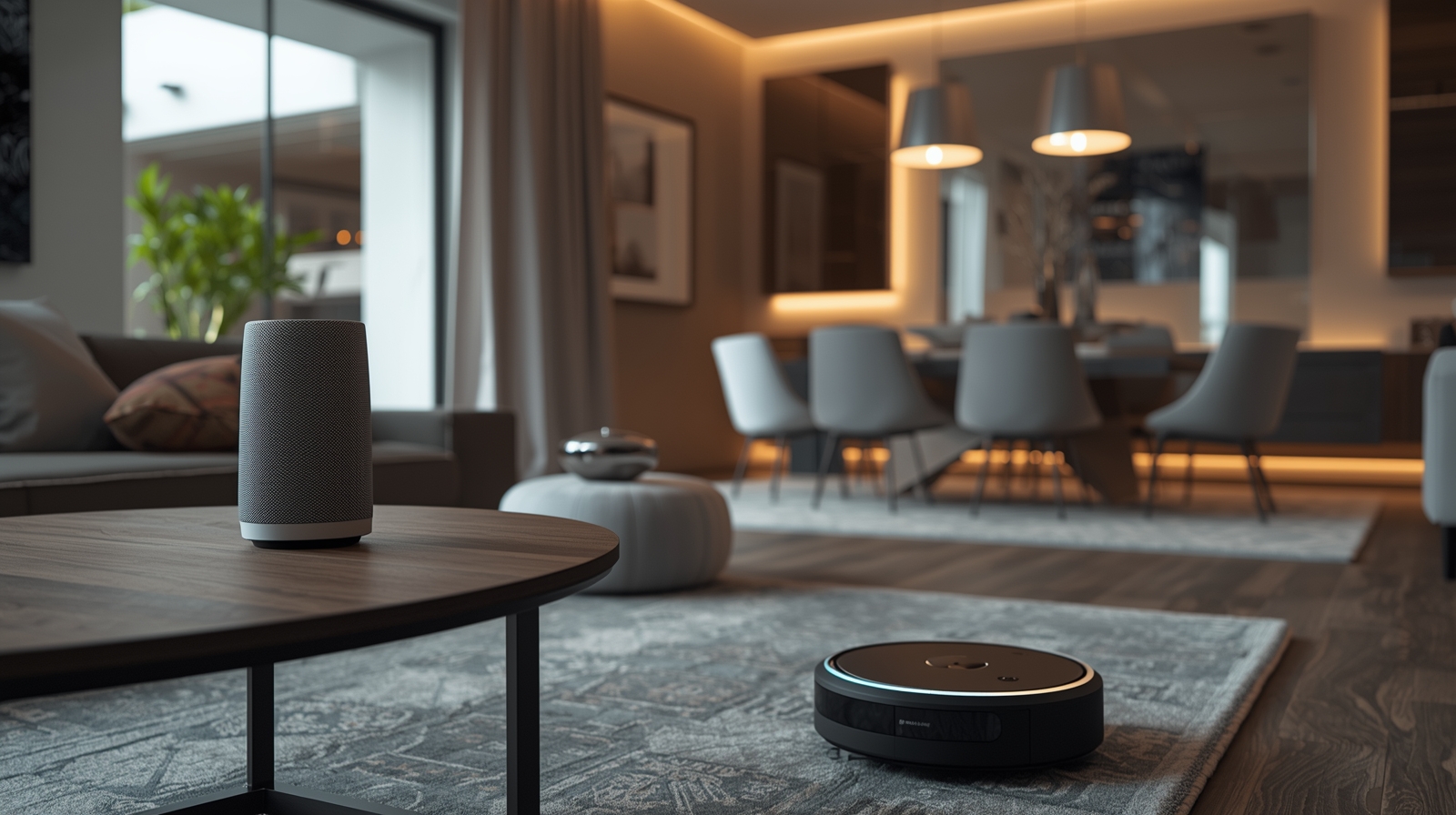 Smart robot vacuum operating with voice assistant command in high-tech living room.