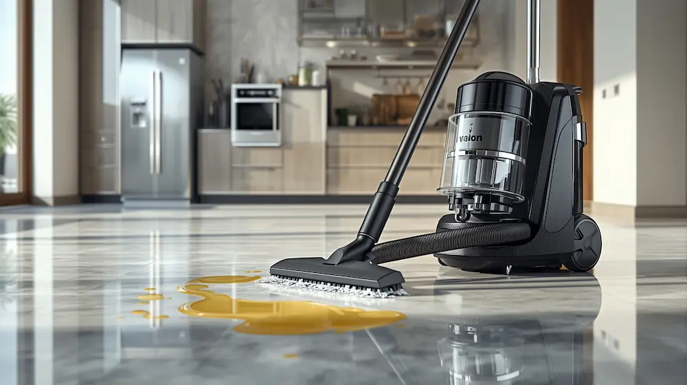Wet and dry vacuum cleaner cleaning tiled floor with water and debris.