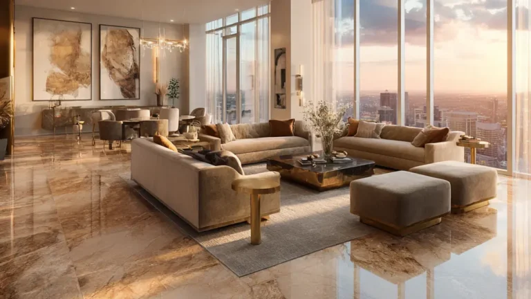 Elegant beige-toned living room with floor-to-ceiling windows, velvet sofas, and gold accents in a luxury two room apartment.