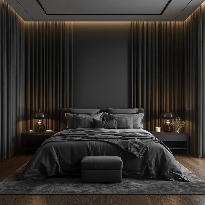 Dark modern bedroom with blackout curtains and ambient mood lighting design