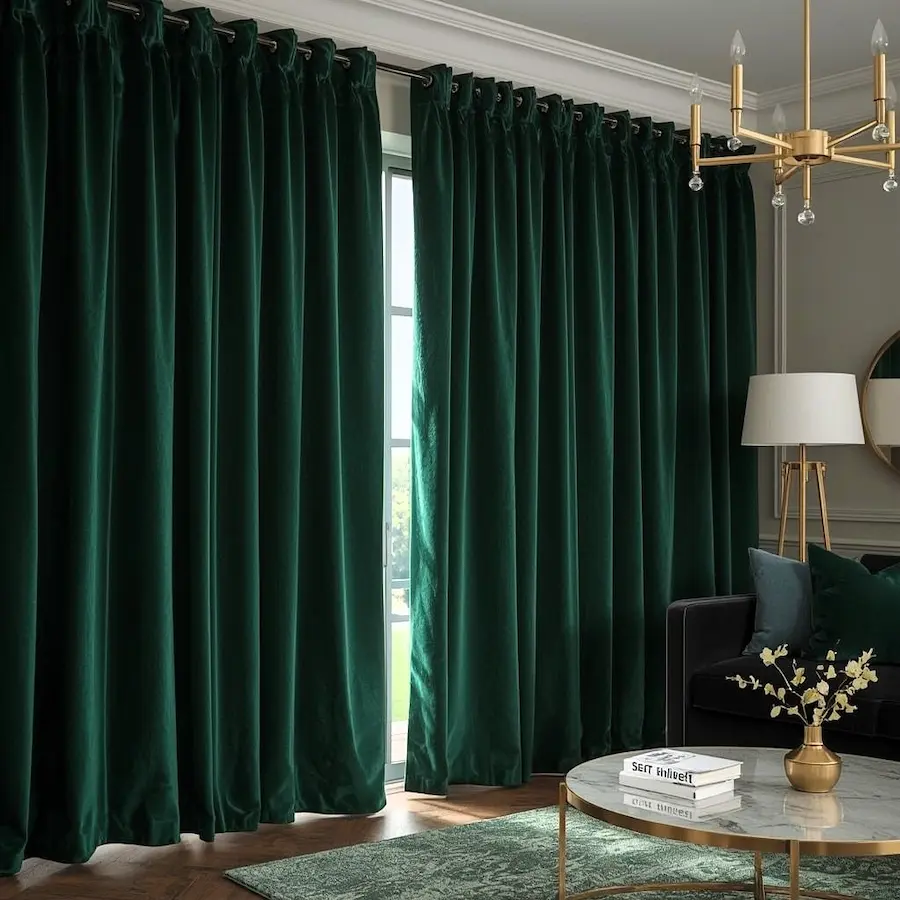 Emerald green velvet curtains with grommet top in elegant modern living room