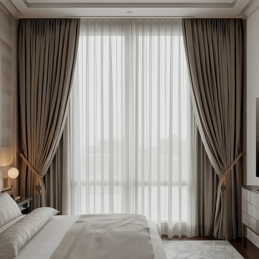 Layered bedroom curtains with beige outer drapes and white sheer underlayer