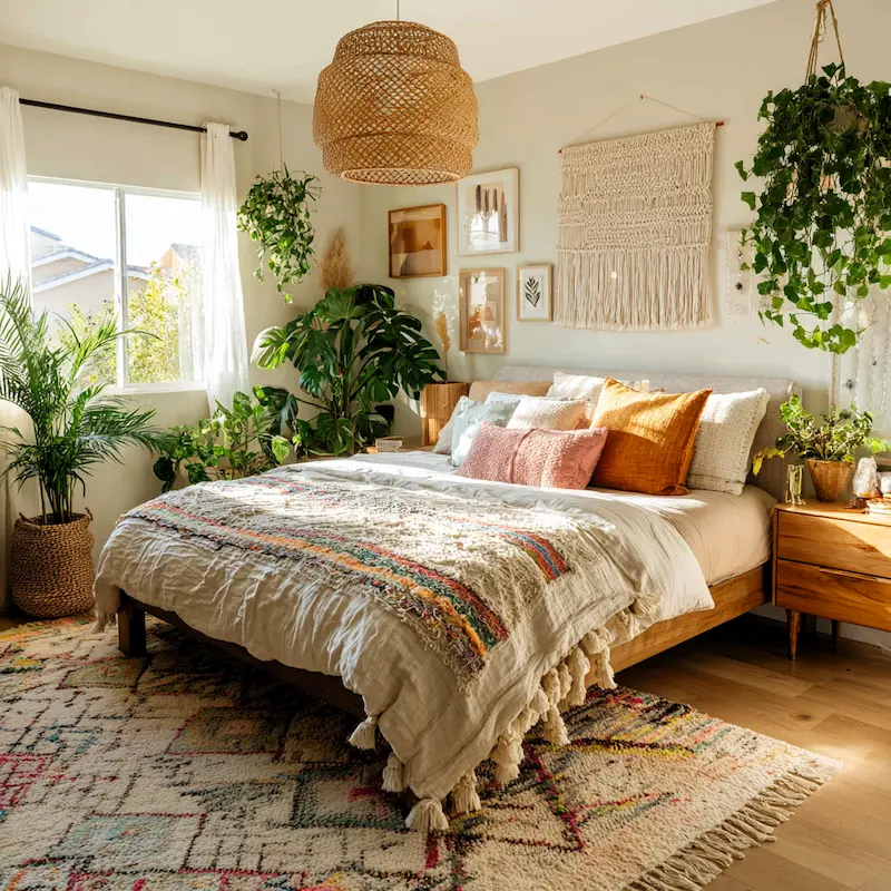 Bohemian bedroom with rattan furniture, woven rugs, and hanging plants.