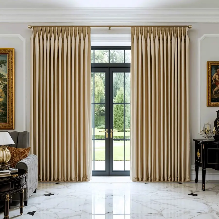 Beige pinch pleat curtains in formal living room with marble flooring