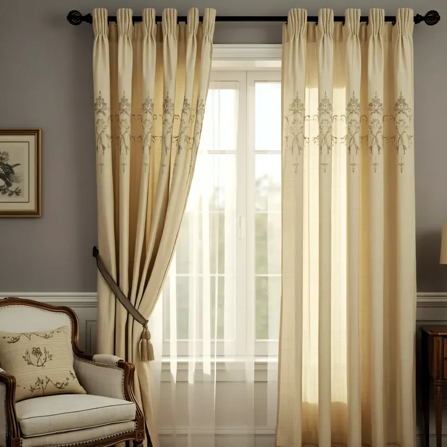 Tab top curtains with delicate embroidery and white sheer in classic room