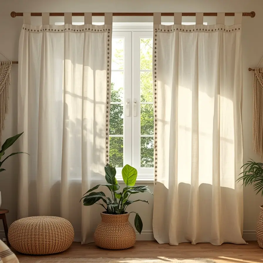Beige sheer curtains in contemporary living room with neutral minimalist decor