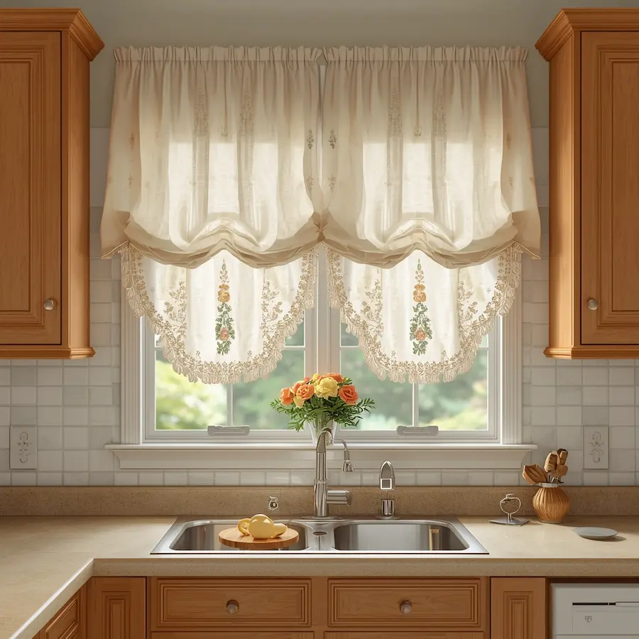 Kitchen cafe curtains with decorative balloon valance in cottage style