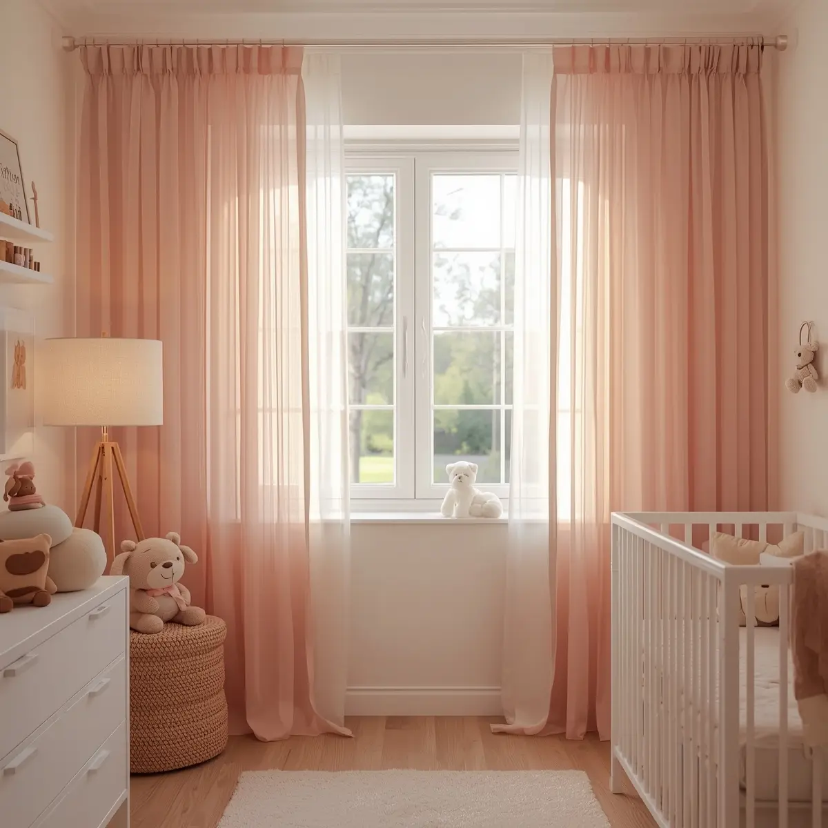Pink voile sheer curtains in soft nursery with white crib and plush toys