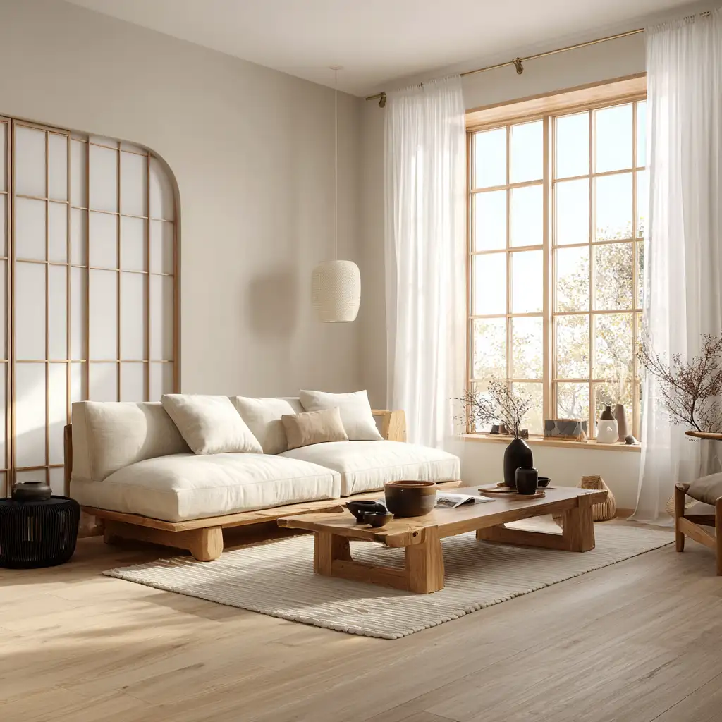 Spacious Nordic living room with white walls, oak flooring, and minimal decor.