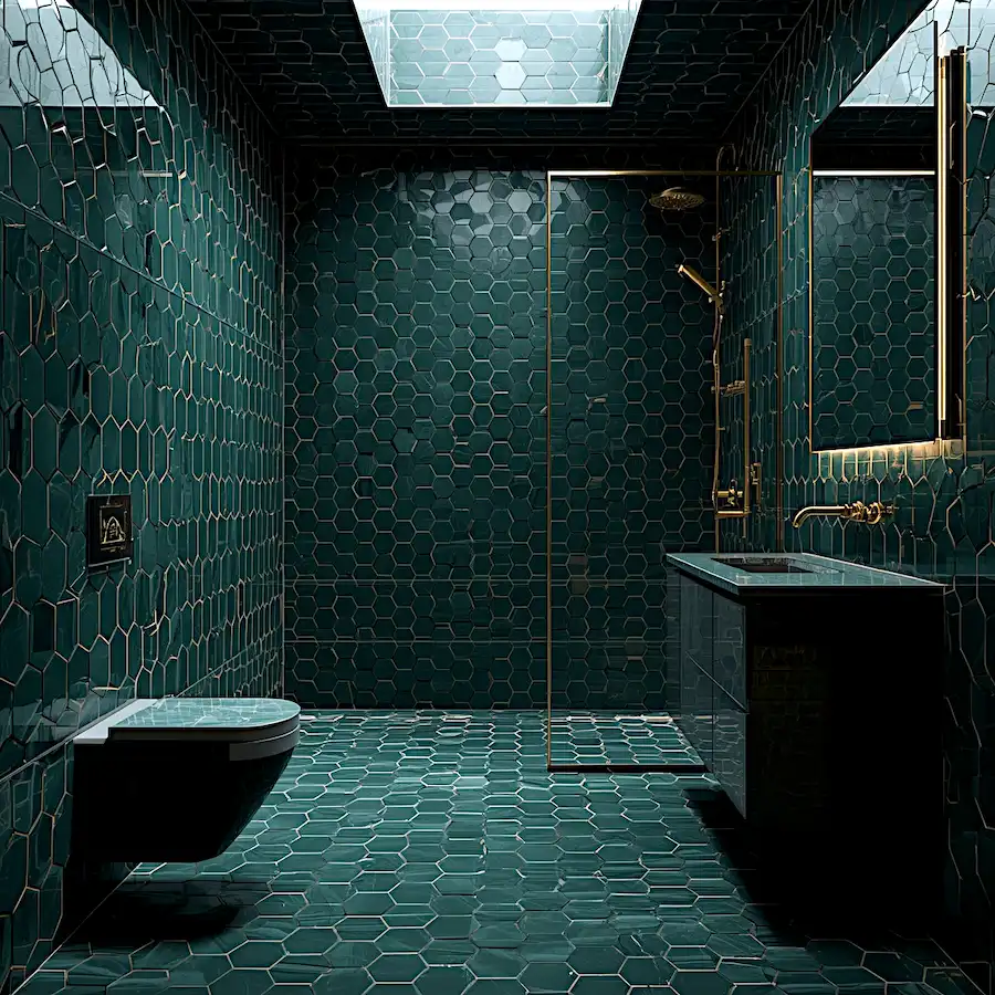 dark green geometric tile luxury bathroom design 2026
