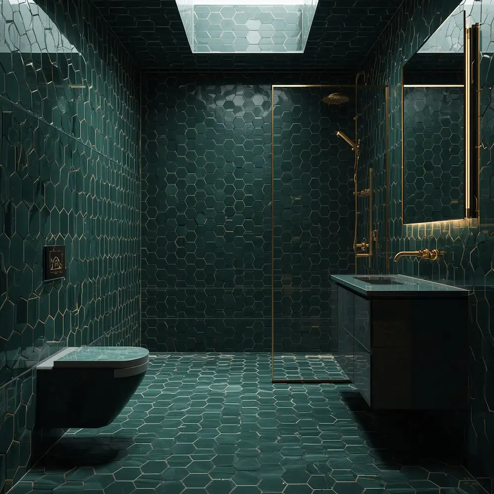 Dark green geometric tile luxury bathroom