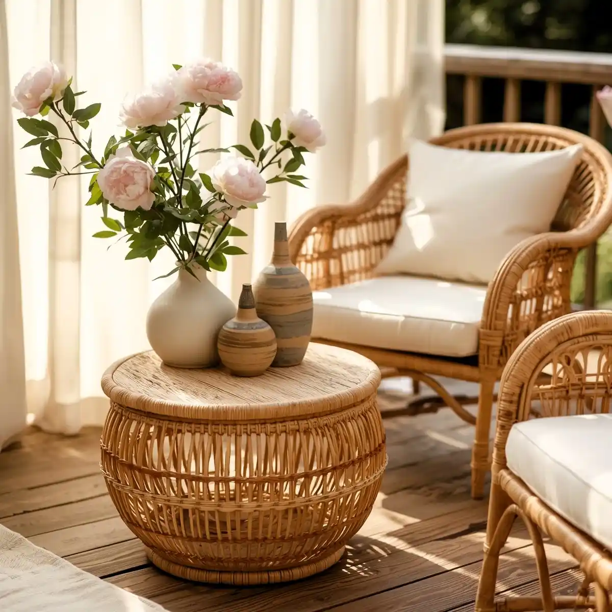 Boho rattan coffee table with vase in neutral decor