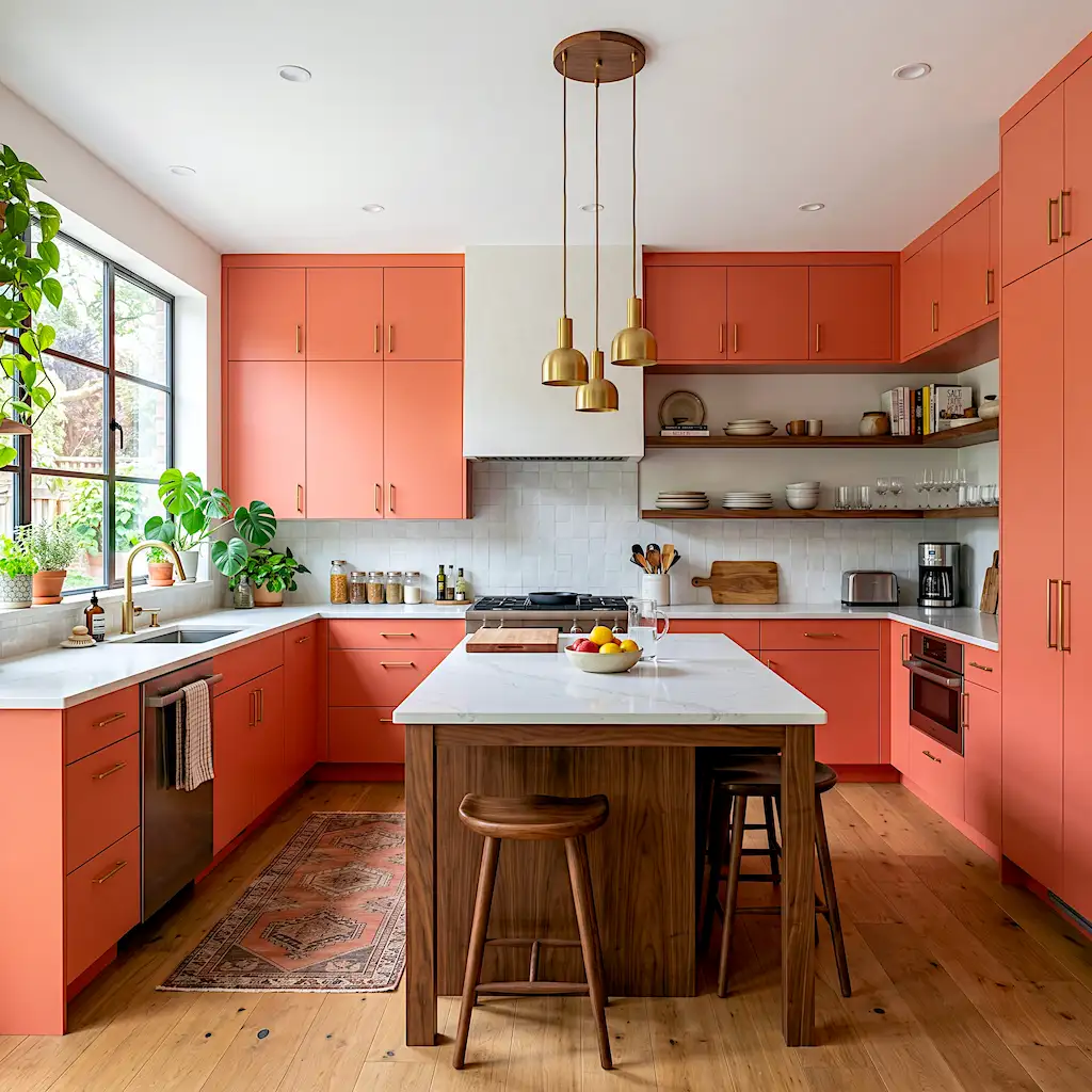 Bold coral kitchen with walnut wood cabinets and warm luxury styling 2026