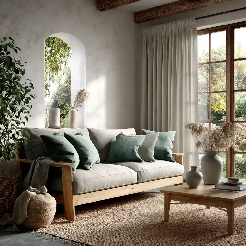 Scandinavian living room filled with daylight, featuring white linen sofa and wood coffee table.