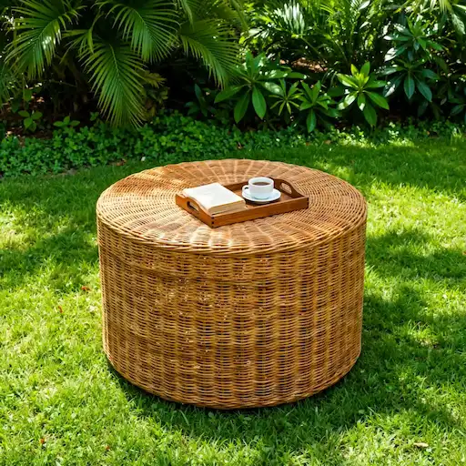 Round rattan outdoor coffee table in green garden setting